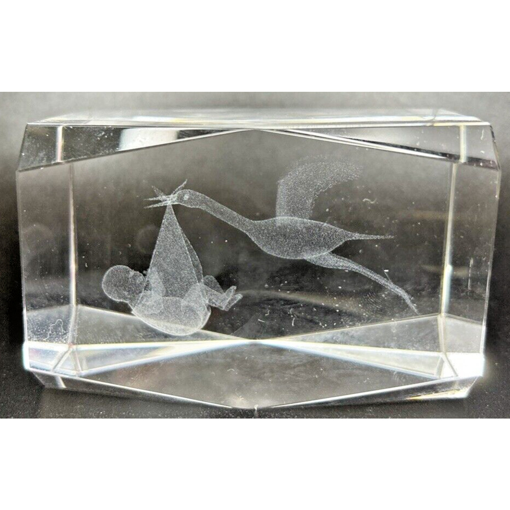 Vintage 3D Etched Glass Stork‎ & Baby Paperweight Cube SKU PB192